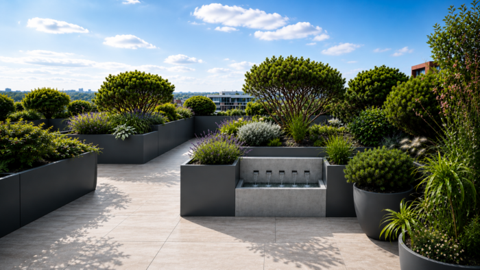 Custom Made Metal Planters for Premium Outdoor Spaces 7 Custom made metal planters used in a modern UK garden with clean architectural planting design