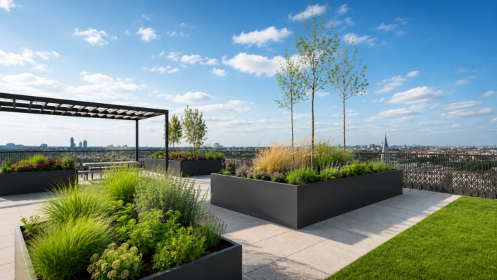 Custom Made Metal Planters for Premium Outdoor Spaces 4 Custom made metal planters in PPC aluminium finish for clean modern UK terrace projects