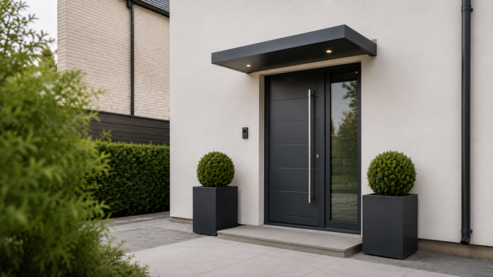 Door Canopy Guide for UK Entrances 4 Stylish door canopy over a modern home entryway with neat paving, soft lighting and greenery.