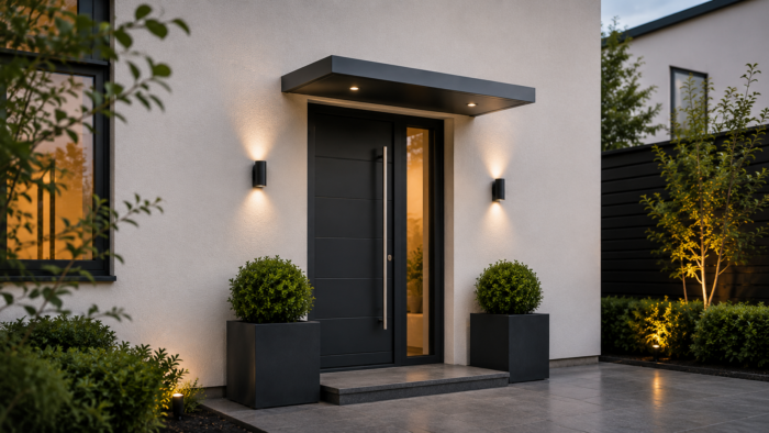 Door Canopy Guide for UK Entrances 6 Premium door canopy above a contemporary house entrance at twilight with elegant wall lighting.