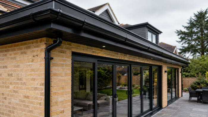 Fascia Soffits and Guttering: 7 Smart UK Tips 5 Suburban home detail with fascia soffits and guttering installed neatly along the roofline for a polished look.