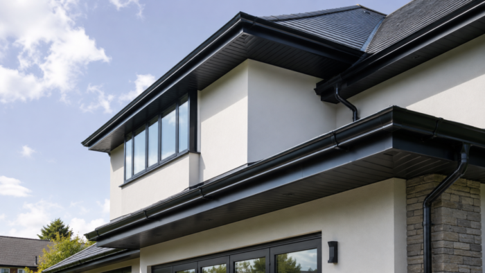 Fascia Soffits and Guttering: 7 Smart UK Tips 7 House extension and patio area featuring fascia soffits and guttering in a stylish and modern residential exterior.