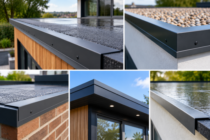 Flat Roof Drip Edge Trim: A Complete UK Guide to Roof Perimeter Details 5 Flat roof drip edge trim close-up showing a sharp metal corner profile on a modern rendered roof edge.