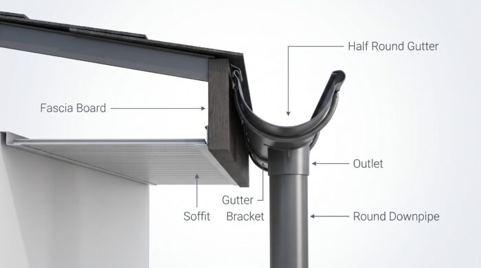 Half Round Gutter: 7 Smart UK Buying Tips 5 Half round gutter components diagram showing fascia board, soffit, gutter bracket, outlet and round downpipe.