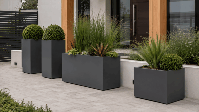 Why Large Metal Planters Need Careful Outdoor Planning 4 Large metal planters outdoor displayed in a minimalist courtyard with lush greenery and clean architectural styling.