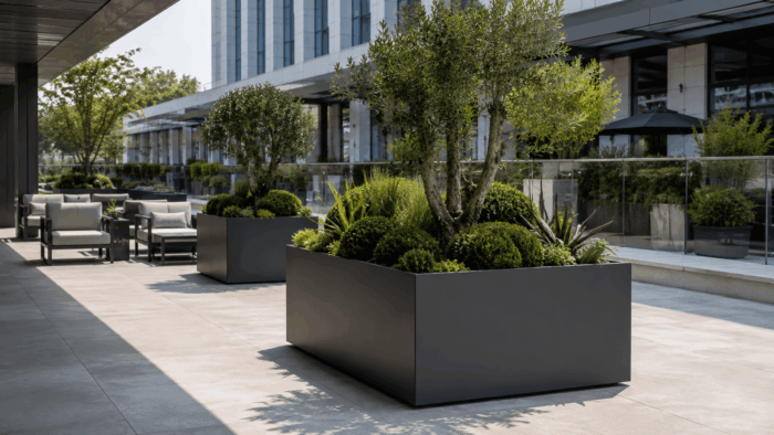 Why Large Metal Planters Need Careful Outdoor Planning 7 Large metal planters outdoor placed in a rooftop garden setting with modern design and city skyline views.