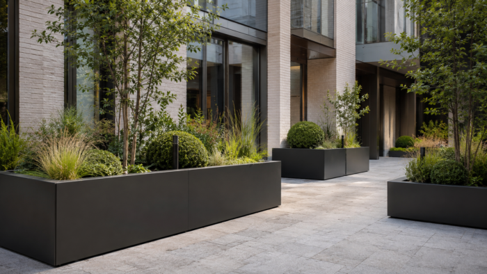 Metal Garden Planters: A Practical UK Guide to Materials and Layouts 6 Metal garden planters in a modern UK terrace setting with structured planting and clean contemporary landscaping