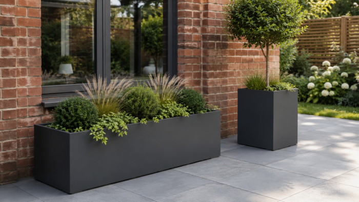 Metal Garden Planters: A Practical UK Guide to Materials and Layouts 5 Metal garden planters in a landscaped UK courtyard featuring rust-finish planters and elegant greenery