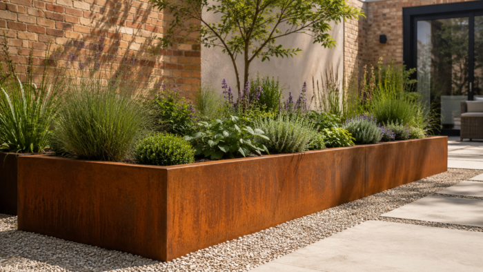 Metal Garden Planters: A Practical UK Guide to Materials and Layouts 4 Metal garden planters in a contemporary UK courtyard garden with premium planting design and clean exterior lines