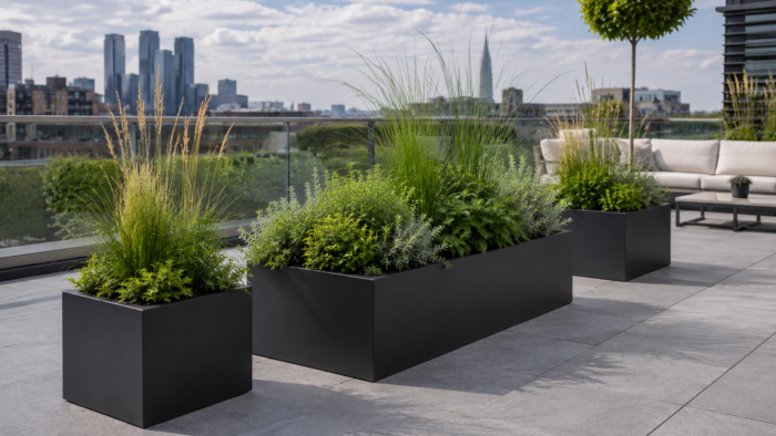 Metal Outdoor Planters: A Practical UK Buying Guide 7 Metal outdoor planters in a large grey rectangular design filled with shrubs and ornamental grasses for a clean modern look.