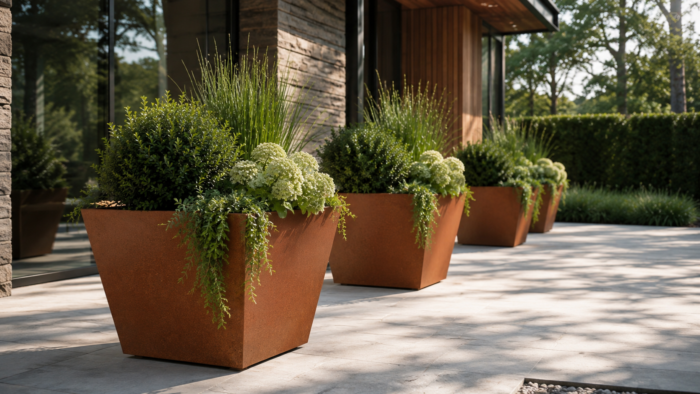 Metal Outdoor Planters: A Practical UK Buying Guide 4 Metal outdoor planters placed outside a commercial entrance with neat shrubs, modern paving and a clean architectural exterior.