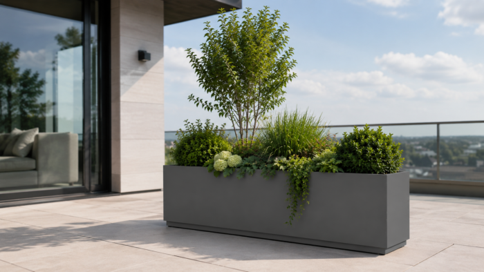 Metal Outdoor Planters: A Practical UK Buying Guide 5 Metal outdoor planters used on a stylish terrace with colourful planting, clean lines and a premium contemporary garden layout.