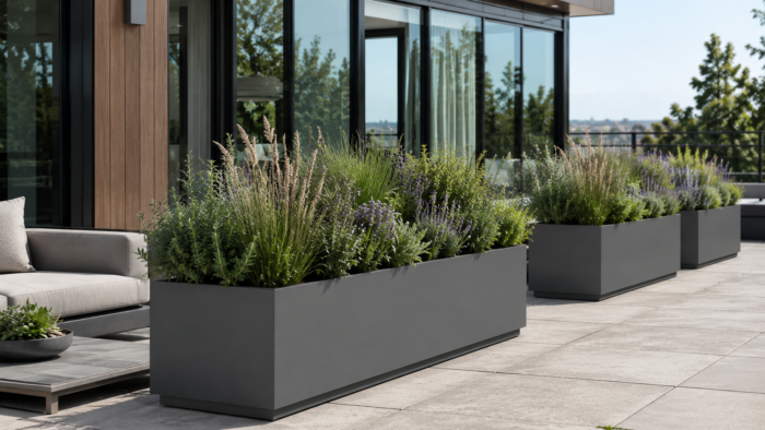Metal Outdoor Planters: A Practical UK Buying Guide 6 Metal outdoor planters installed on a balcony garden with soft greenery, modern railings and a fresh outdoor living space.