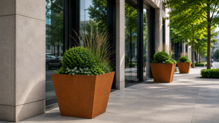 Metal Planters Outdoor: 9 Smart UK Buying Tips 6 Metal planters outdoor on a serene modern terrace at sunset with elegant contemporary styling
