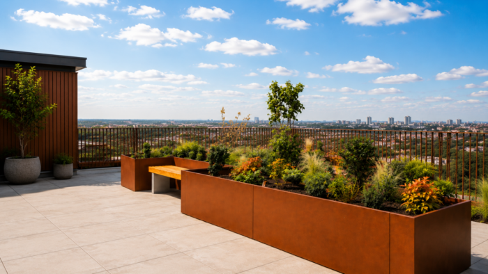 Metal Planters Outdoor: 9 Smart UK Buying Tips 5 Metal planters outdoor in a cosy evening garden patio scene with warm lighting and premium landscaping