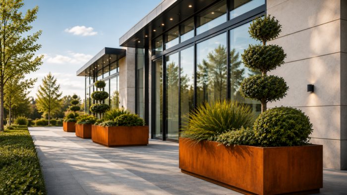 Metal Planters Outdoor: 9 Smart UK Buying Tips 7 Metal planters outdoor along a modern urban walkway with premium landscaping and sleek building exterior