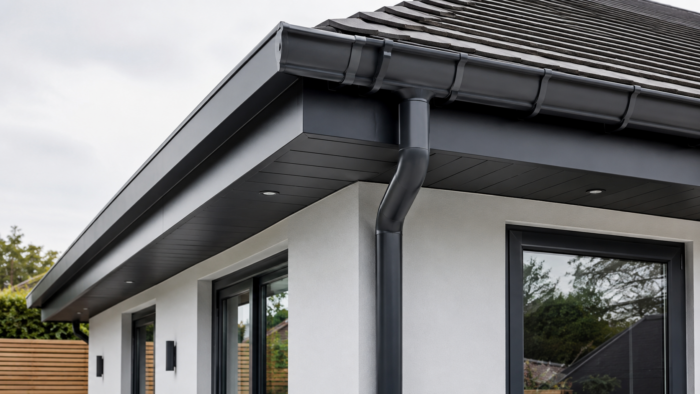 Replacing Soffits and Fascia: 7 Smart UK Tips 6 fter view of replacing soffits and fascia with clean grey aluminium fascia, soffits and guttering on a modern brick home.