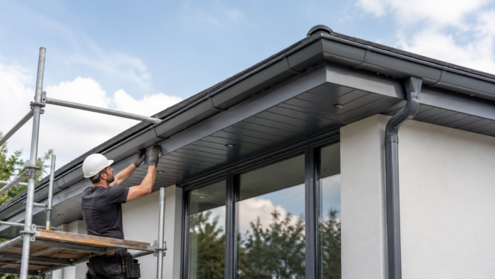 Replacing Soffits and Fascia: 7 Smart UK Tips 4 fter view of replacing soffits and fascia with clean grey aluminium fascia, soffits and guttering on a modern brick home.
