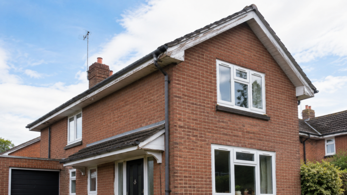 Replacing Soffits and Fascia: 7 Smart UK Tips 5 Before view of replacing soffits and fascia showing an older roofline with worn white fascia, soffit boards and guttering.