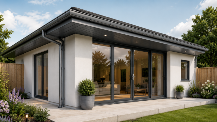 Replacing Soffits and Fascia: 7 Smart UK Tips 7 soffits and fascia showing an older roofline with worn white fascia, soffit boards and guttering.