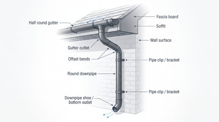 Round Downpipe Guide for UK Rainwater Goods 4 Round downpipe system diagram showing gutter outlet, round downpipe, pipe clips, offset bends, fascia and soffit.
