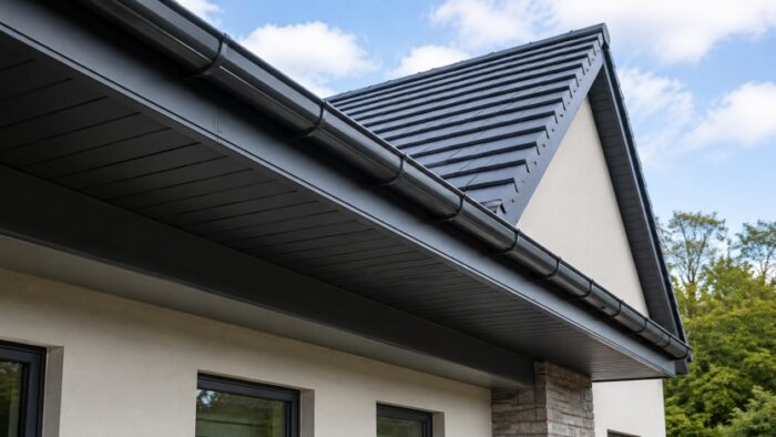 Â Soffits and Fascia Boards: A Complete UK Roofline Guide 5 Soffits and fascia boards on a modern brick house with a distinctive roofline