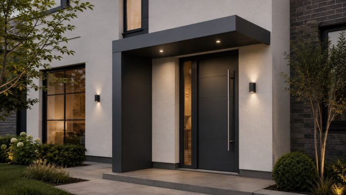 How the Right Aluminium Door Canopy Can Transform an Entrance 6 Aluminium door canopy in a charcoal finish creating a sleek contemporary entryway.