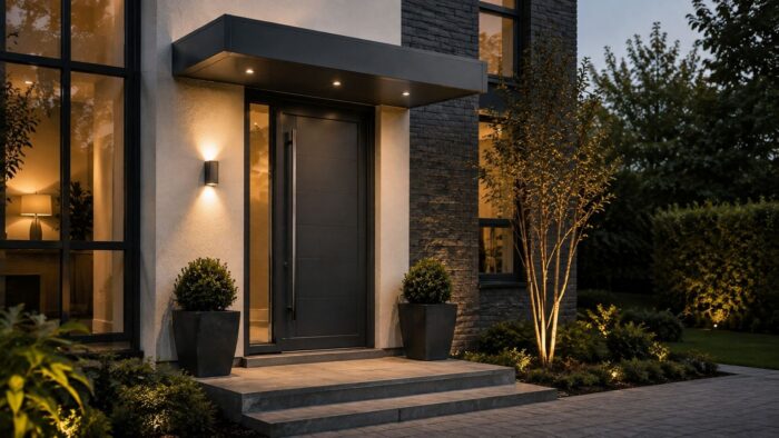 How the Right Aluminium Door Canopy Can Transform an Entrance 5 Aluminium door canopy on a stylish home entrance with a premium evening look.