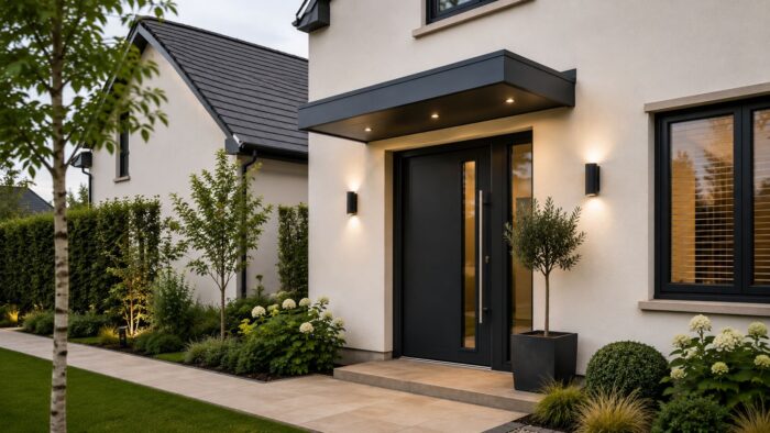 How the Right Aluminium Door Canopy Can Transform an Entrance 4 Aluminium door canopy on a side entrance with a paved garden path and neat landscaping.