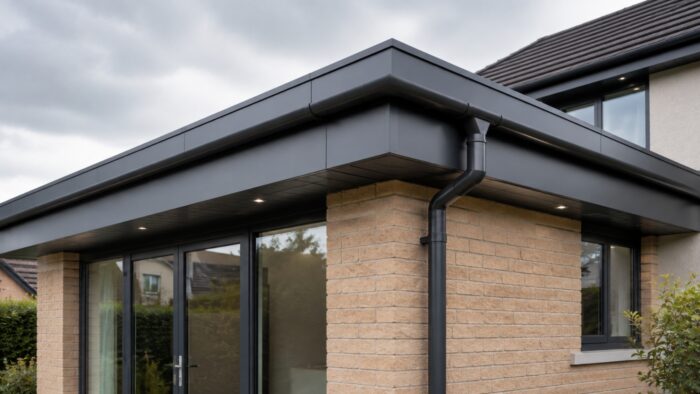 Choosing Aluminium Fascias for a Cleaner, Better UK Roofline 7 Close-up view of aluminium fascias on a UK home showing neat roofline detail and durable finish.