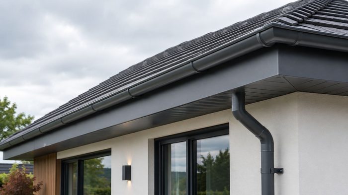 Aluminium Fascia Material: A Complete Guide for UK Rooflines 4 Close-up of aluminum fascia material along a clean contemporary roof edge
