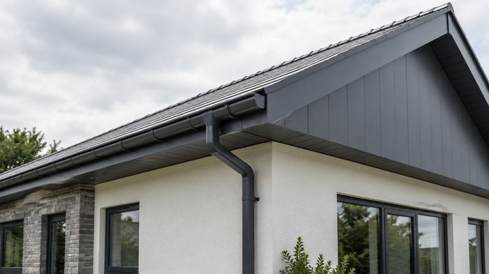 Aluminium Fascia Material: A Complete Guide for UK Rooflines 7 Aluminium fascia material used in a modern UK roofline system, showing a clean finished fascia profile with coordinated aluminium soffit and roofline components for residential and commercial building applications.