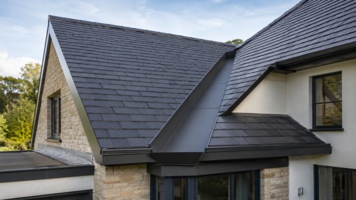 Planning a Box Valley Gutter for Reliable UK Roof Drainage 4 Box valley gutter detail on a brick UK property with slate roof tiles.