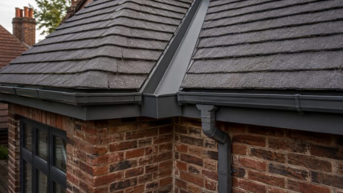 Planning a Box Valley Gutter for Reliable UK Roof Drainage 5 Box valley gutter system with aluminium grey finish for clean roof drainage.