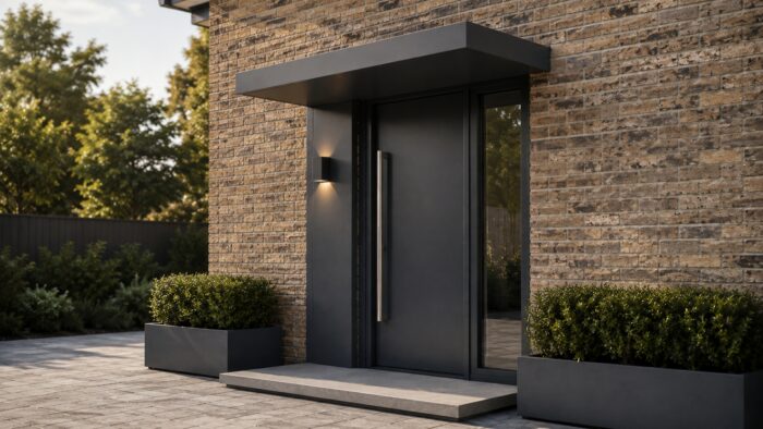 Door Canopy UK: What to Check Before You Buy 7 Door Canopy UK grey aluminium entrance design fitted above a clean and stylish home doorway.