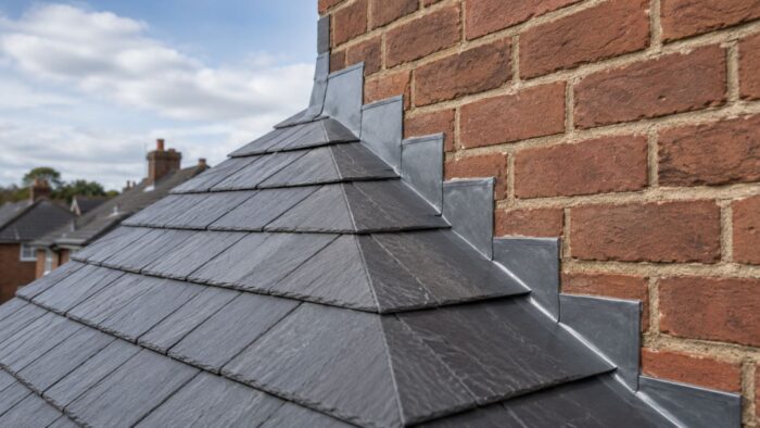 Soaker: The UK Guide to Getting Roof Abutments Right 4 Soaker used at a chimney and pitched roof junction with clean slate and flashing details.
