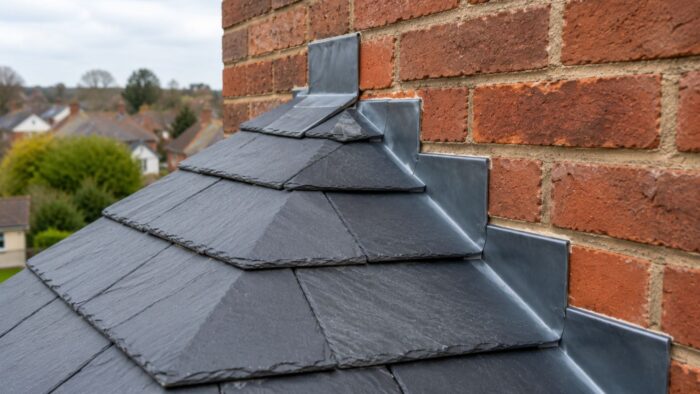 Soaker: The UK Guide to Getting Roof Abutments Right 5 Soaker installed on a pitched slate roof where the roof covering meets a vertical wall.