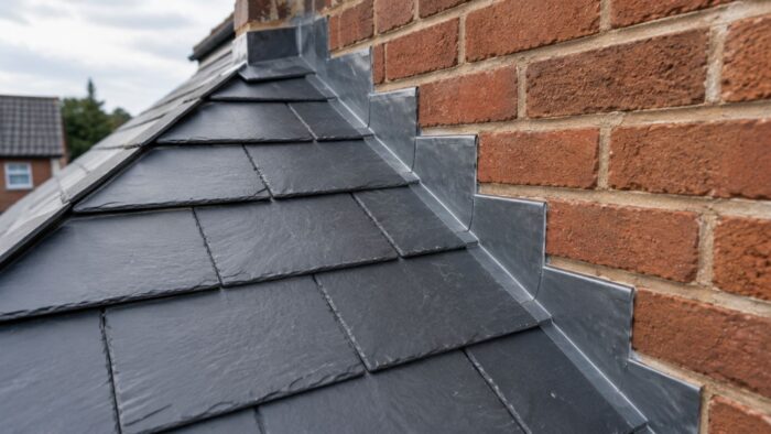 Soaker: The UK Guide to Getting Roof Abutments Right 7 Soaker fitted beneath slate roofing with stepped flashing along the wall junction.