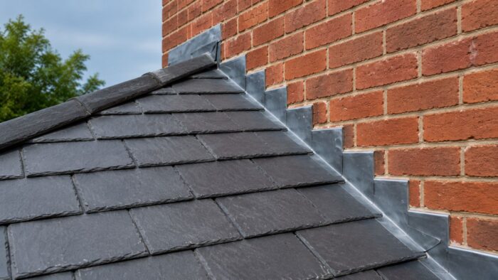 Soaker: The UK Guide to Getting Roof Abutments Right 6 Soaker used at a chimney and pitched roof junction with clean slate and flashing details.