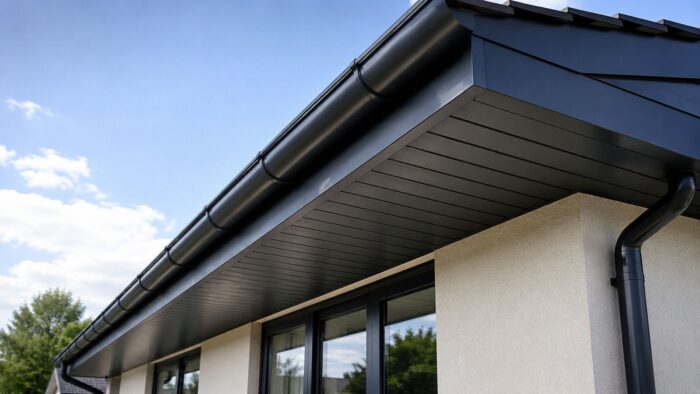 Choosing the Right Soffit Board for a Better UK Roofline 7 Soffit board installed beneath aluminium fascia with matching gutter and downpipe on a UK property.
