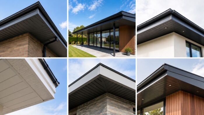 Choosing the Right Soffit Board for a Better UK Roofline 6 Soffit board and deep grey roof edge detail on a brick house exterior.