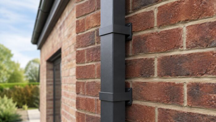 Square Guttering Downpipe: A Practical UK System Guide 6 Square guttering downpipe secured to a UK brick wall using matching dark aluminium brackets.