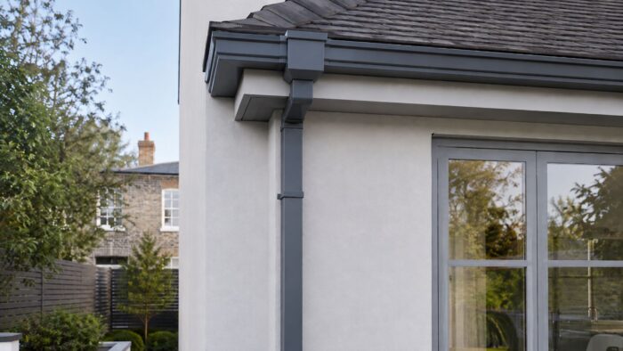 Square Guttering Downpipe: A Practical UK System Guide 5 Square guttering downpipe forming part of a coordinated aluminium rainwater system on a UK property.