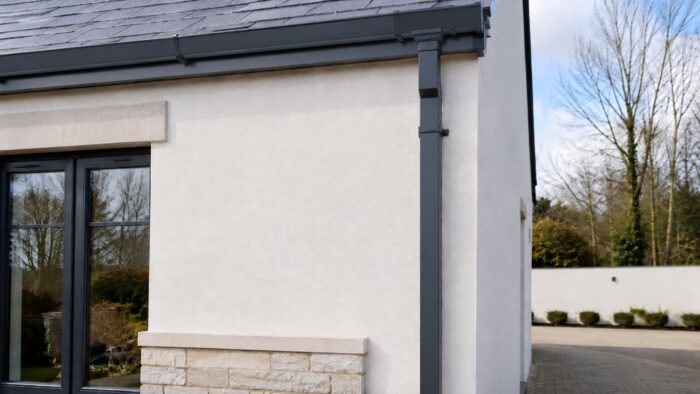 Square Guttering Downpipe: A Practical UK System Guide 4 Square guttering downpipe installed on a modern UK house with brick walls and dark roofline details.