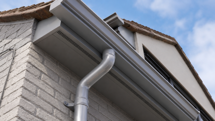 Square to Round Downpipe: Plan the Transition Properly 4 Square to round downpipe installed against a brick wall with coordinated aluminium guttering.