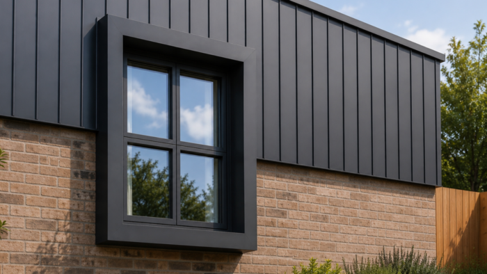Window Frames: What UK Buyers Should Check Before Choosing 4 Dark grey window frames shown on a premium exterior facade detail.