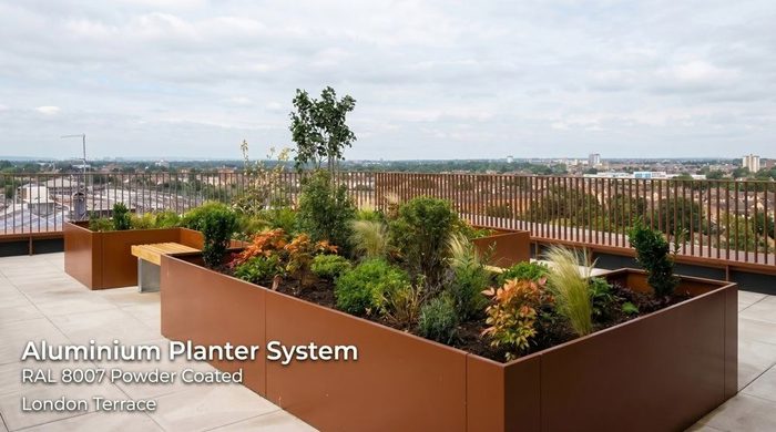 Metals Aluminium: Properties, Benefits and Uses in Modern Construction 6 Metals Aluminium planter system with powder coated aluminium planters used for modern rooftop landscape design