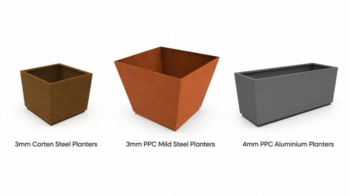 Aluminium Planters Outdoor: A Practical Buying Guide for UK Projects 4 Three rust-coloured square planters with flowering plants, illustrating a steel alternative in the aluminium planters outdoor guide.