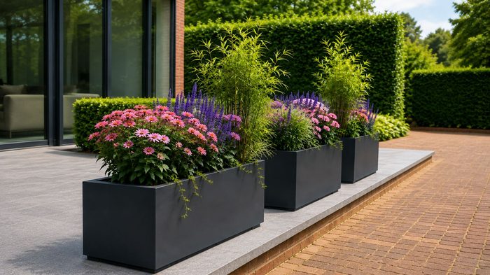 Aluminium Planters Outdoor: How to Create Stylish and Durable Outdoor Spaces 6 Aluminium planters outdoor used in a modern residential garden with plants beside a contemporary home