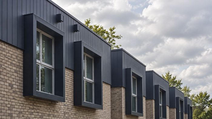 Aluminium Window Surrounds: A Complete Guide to Choosing the Right Exterior Detail 5 Angled view of projecting aluminium window surrounds along a brick building with dark grey vertical cladding